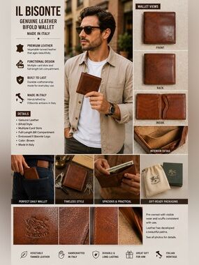 Il Bisonte Brown Leather Bifold Wallet Made in Italy Men's Card Holder